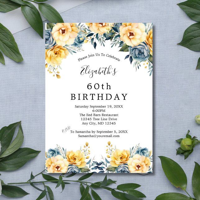 Convite Flores Amarelas Azuis Floral 60º 80 de 70 (Blue Yellow Watercolor Floral Elegant 50th 60th 70th 80th birthday invitation for her)