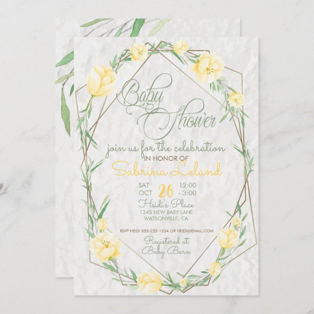 Convite Flores Amarelas Chá de fraldas de Terrarium Verde (Frente/Verso)