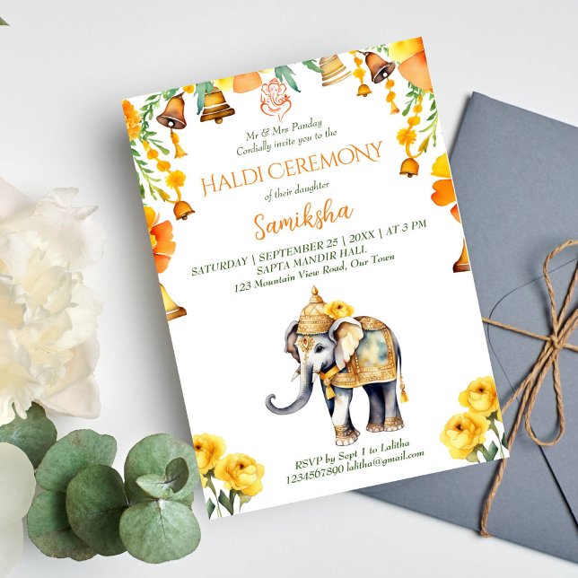 Convite Flores amarelas do elefante do casamento indiano H (Haldi Indian wedding elephant editable template invitation digital download yellow flowers bells)