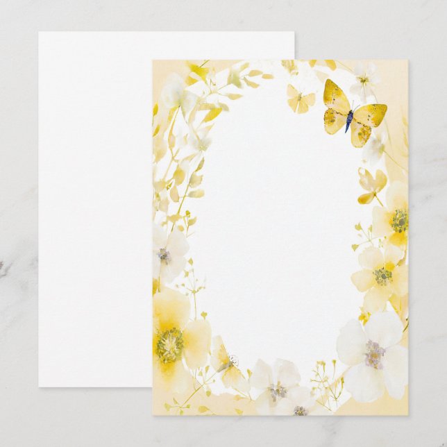 Convite Flores amarelas e borboletas casamento em branco (Frente/Verso)