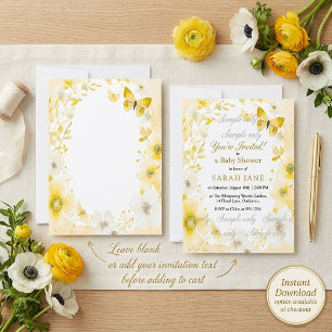 Convite Flores amarelas e borboletas casamento em branco