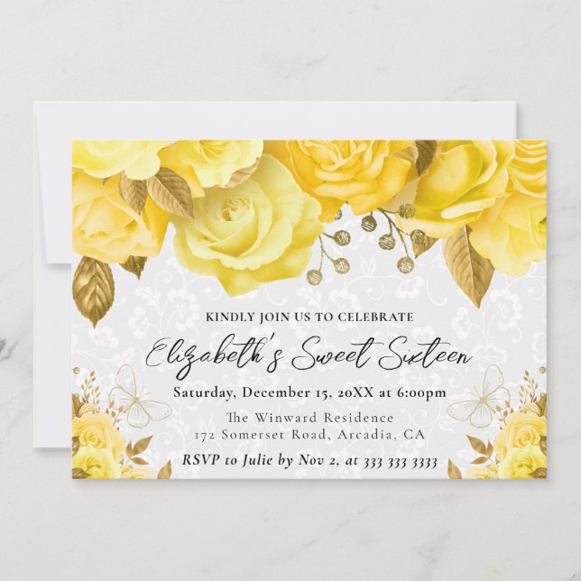 Convite Flores Amarelas e Douradas em Aquarela Sweet Sixte (Frente)