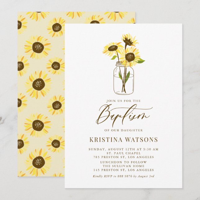 Convite Flores Amarelas no Batismo Mason Jar Summer (Frente/Verso)