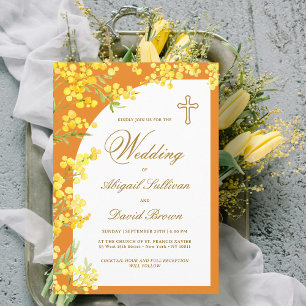 Convite Flores Amarelas no Casamento Religioso Laranja