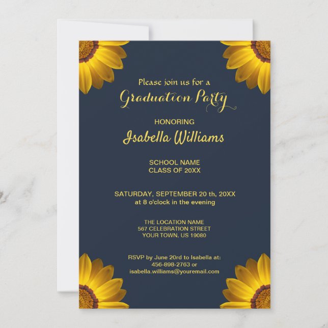 Convite Flores Amarelas no Monograma de fundo azul Marinho (Frente)
