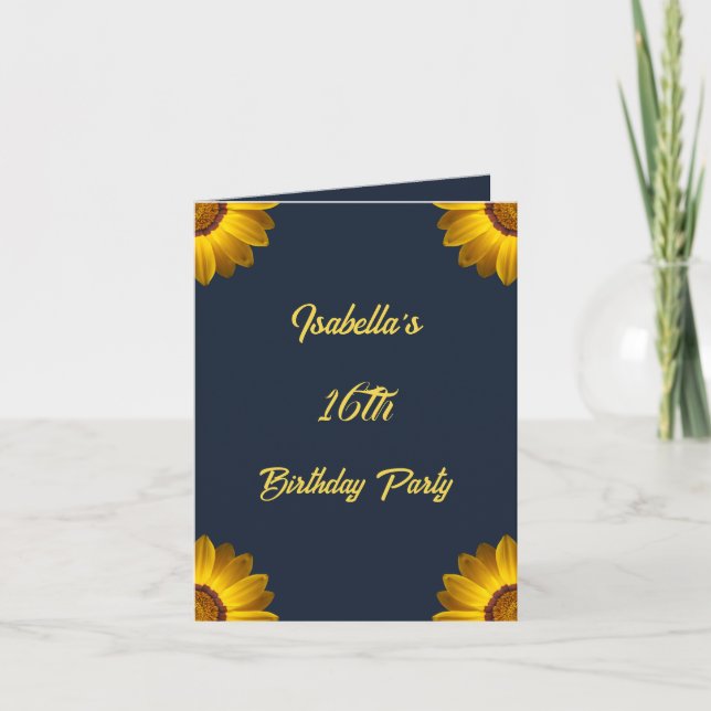 Convite Flores Amarelas no Monograma de fundo azul Marinho (Frente)