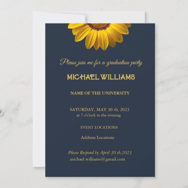 Convite Flores Amarelas no Monograma de fundo azul Marinho (Frente)