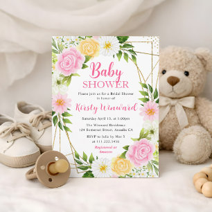Convite Flores Amarelas Rosadas Quadro Dourado Chá de Bebê