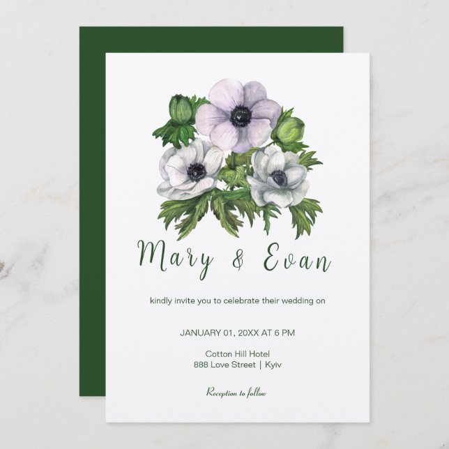 Convite Flores anêmonas são casamentos de cinzas roxas (Frente/Verso)