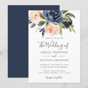 Convite Flores Aquarela Azul Marinho Pêssego Casamento
