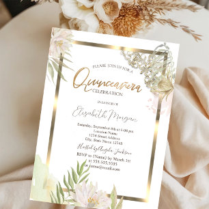 Convite Flores Aquarela em Moldura Dourada Quinceañera