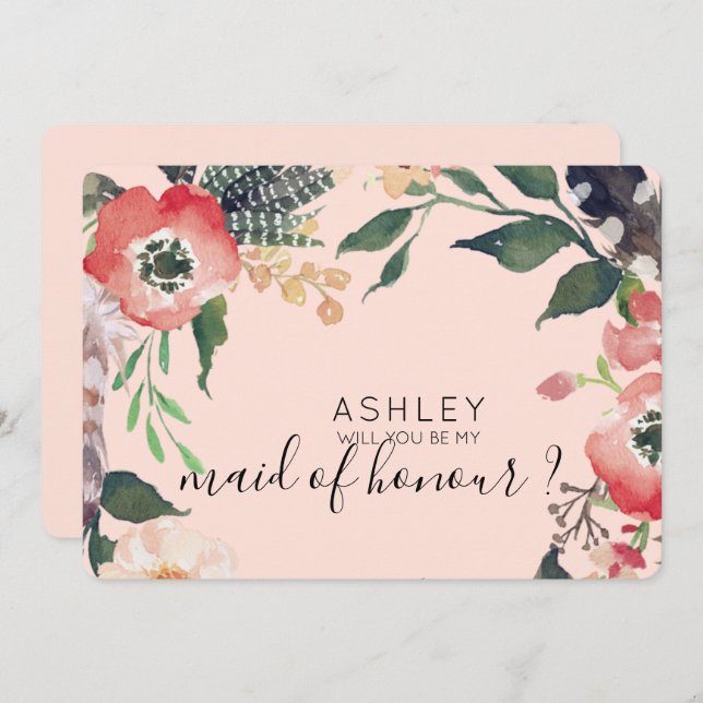 Convite Flores Aquarela Você Será Minha Dama de Honra Nome (Frente/Verso)