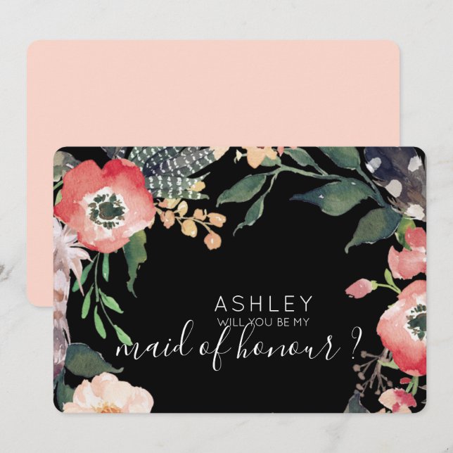 Convite Flores Aquarela Você Será Minha Dama de Honra Nome (Frente/Verso)