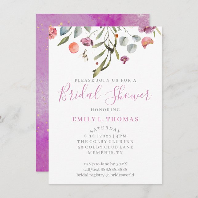 Convite Flores Aquarelas Chá de panela Roxo-Púrpura (Frente/Verso)