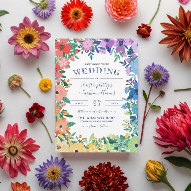 Convite Flores Arco-Íris Retrô Casamento Gay Lésbico (Criador carregado)