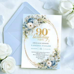 Convite Flores Azuis Boêmias Atemporais Brancas Aniversári