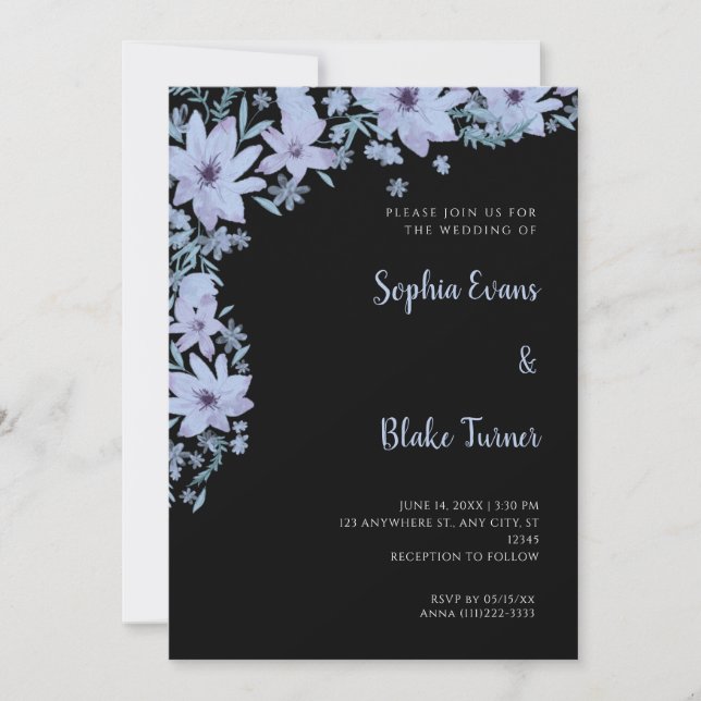 Convite Flores Azuis Bonitas Casamento Preto Romântico (Frente)