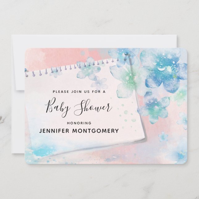 Convite Flores Azuis bonito no Chá de fraldas de Fundo Ros (Frente)