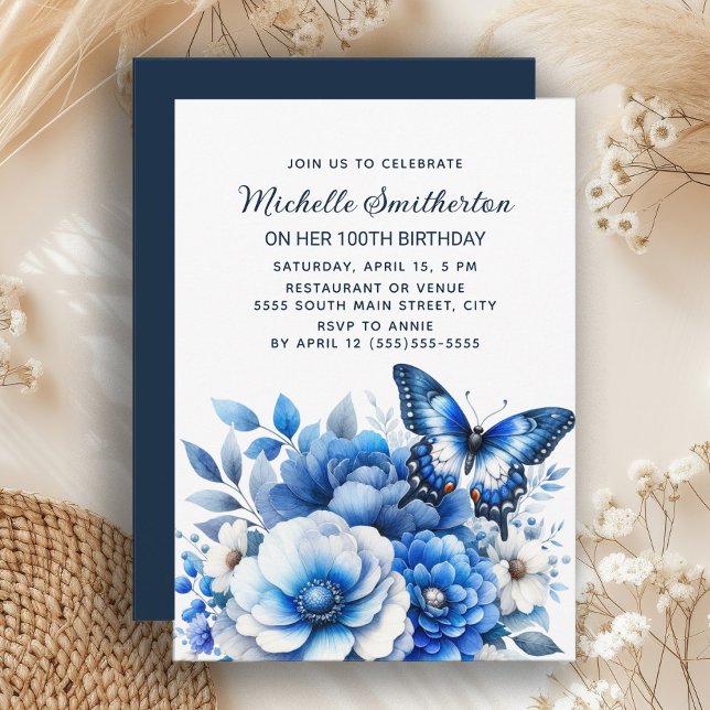 Convite Flores Azuis Borboletas Elegantes 100º Aniversário (Elegant blue butterfly and floral 100th birthday party invitation for women)