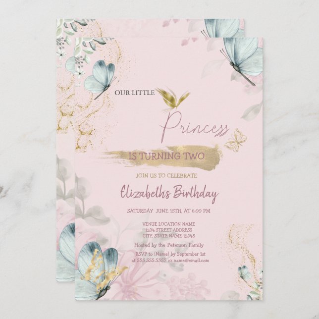 Convite Flores Azuis Borboletas Rosa Aniversário (Frente/Verso)