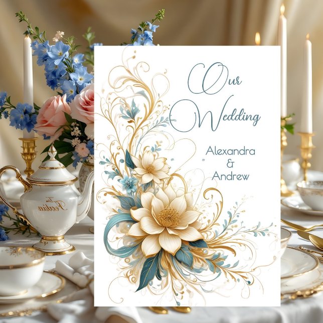 Convite Flores Azuis Brancas Florais de Casamento Elegante (Criador carregado)