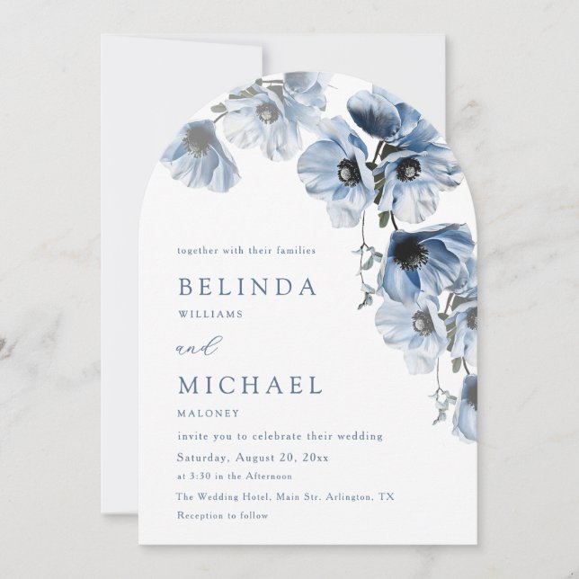 Convite Flores Azuis Casamento Branco Casual (Frente)