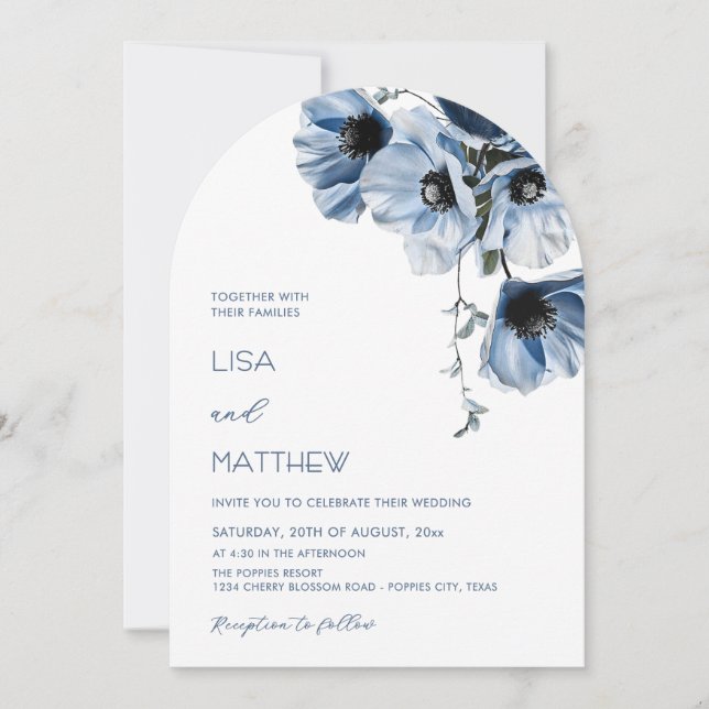 Convite Flores Azuis Casamento Branco Casual (Frente)