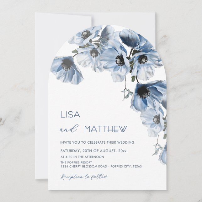 Convite Flores Azuis Casamento Branco Casual (Frente)