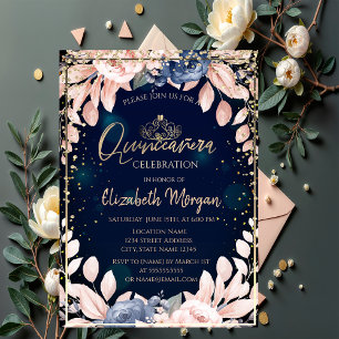 Convite Flores Azuis Chiques Tiara Dourada de Diamantes Qu