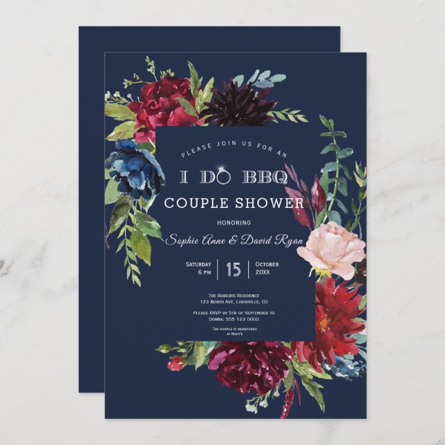 Convite Flores Azuis da Borgonha do Jardim Whimsical Eu fa (Frente/Verso)