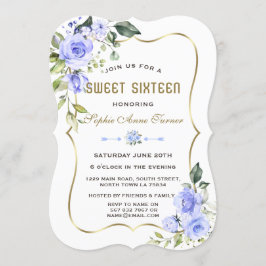 Convite Flores Azuis de Água Frame Dourado Sweet 16