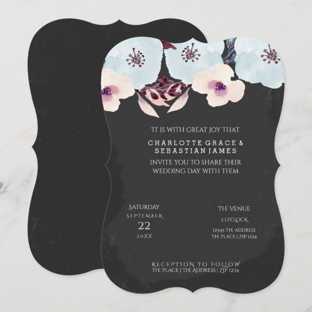 Convite Flores Azuis de Aquarela no Casamento de Chalkboar (Frente/Verso)