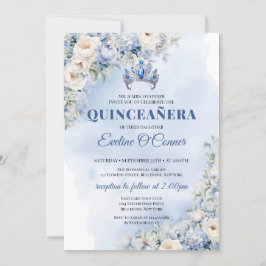 Convite Flores azuis de cor aquática eucalipto Quinceañera