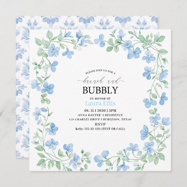 Convite Flores azuis de cor aquosa elegantes brunch e bubb (Frente/Verso)