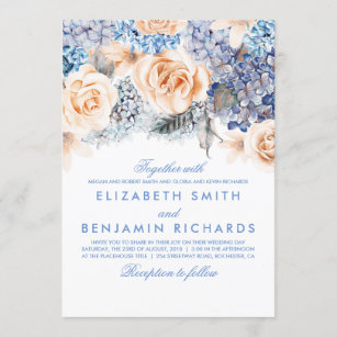 Convite Flores Azuis de Hydrangea e Peach - Casamento Flor