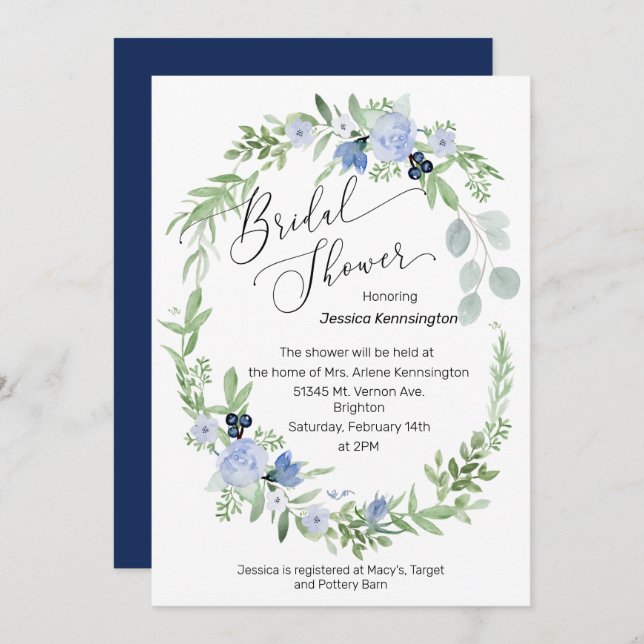 Convite Flores azuis do Marinho do chá de panela (Frente/Verso)