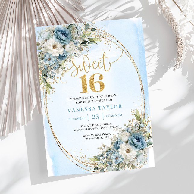 Convite Flores Azuis Dusty Chic Doce Dezesseis Aniversário (Chic Dusty Blue Flowers Sweet Sixteen Birthday Invitation

)