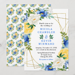 Convite Flores Azuis e Amarelas com Folhagem para Casament