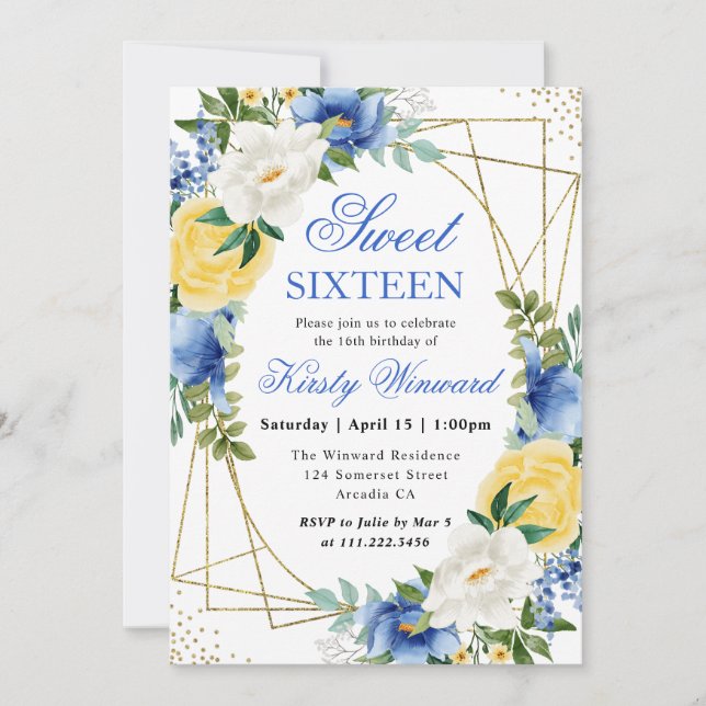 Convite Flores Azuis e Amarelas Frame Dourado Sweet 16 (Frente)
