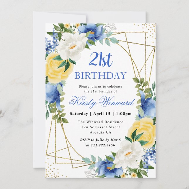 Convite Flores Azuis e Amarelas Moldura Dourada Aniversári (Frente)