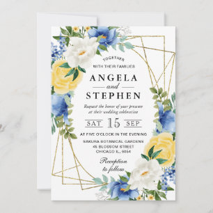 Convite Flores Azuis e Amarelas Moldura Dourada Casamento