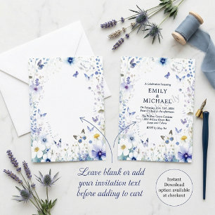 Convite Flores azuis e borboletas casamento em branco