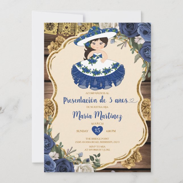 Convite Flores Azuis e Brancas Apresentação De Tres Años (Frente)