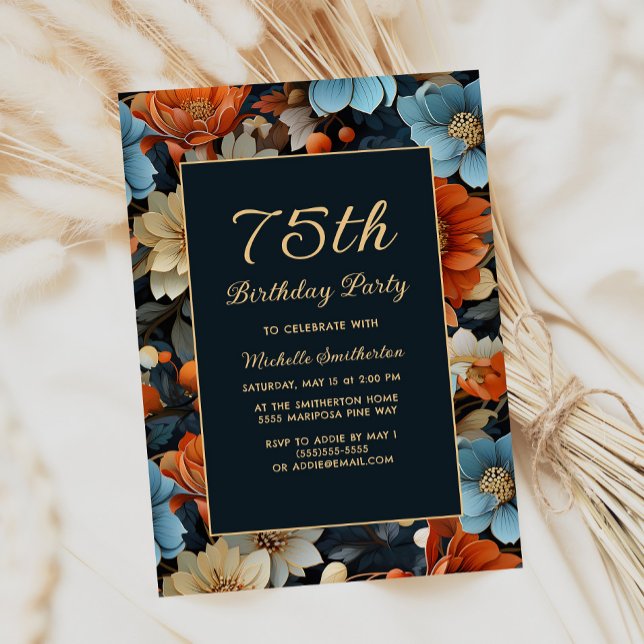 Convite Flores Azuis e Laranjas de Qualquer Idade para 75º (Blue and orange floral 75th birthday party invitation)