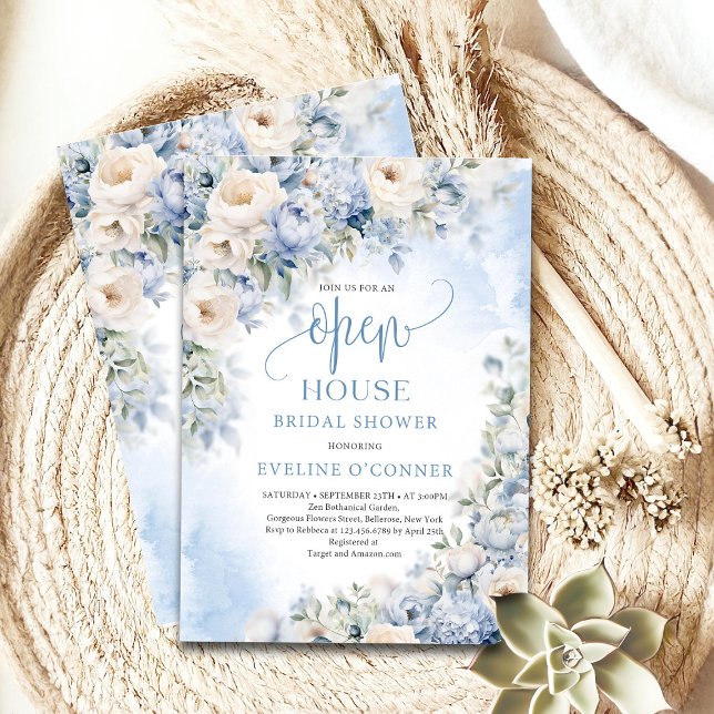 Convite Flores azuis e marfim poeirentas de inverno Casa a (Boho Elegant Dusty Blue and Ivory Flowers open house bridal shower invitation)