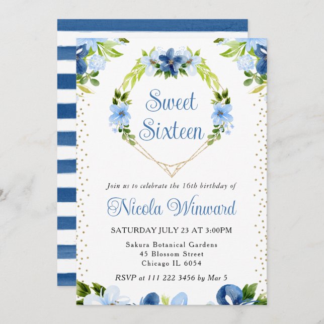 Convite Flores Azuis e Marinhos Coração Doce 16 (Frente/Verso)