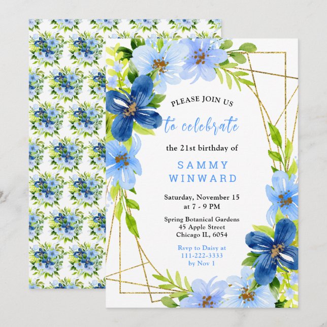 Convite Flores Azuis e Navy com Folhagem de Aniversário (Frente/Verso)