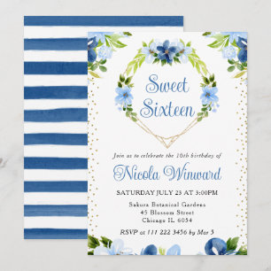 Convite Flores Azuis e Navy Coração de Grinalda Sweet 16