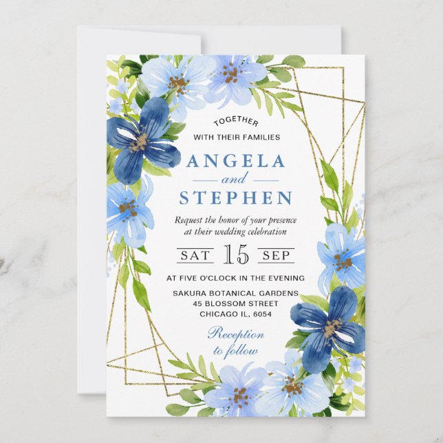 Convite Flores Azuis e Navy Quadro Dourado Casamento (Frente)