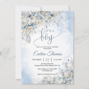 Convite Flores azuis e poeirentas rosas brancas É um menin